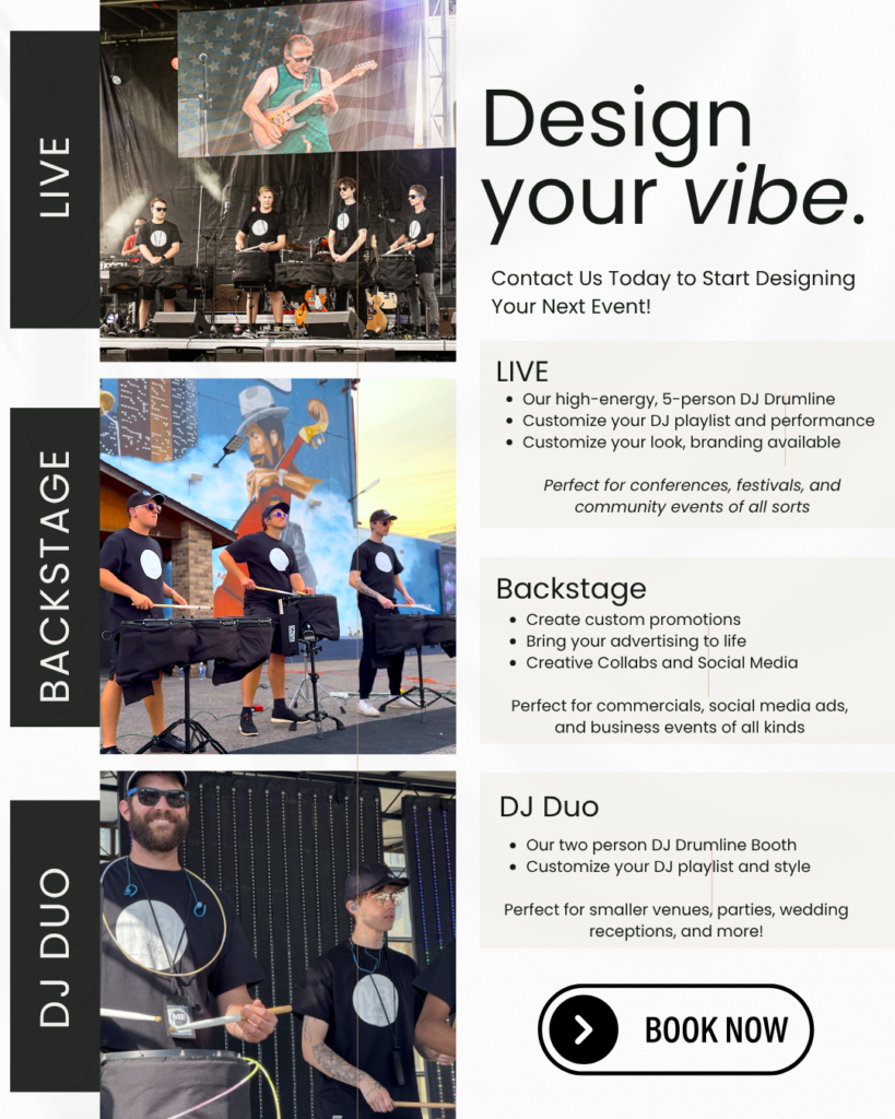 Promotional flyer for event design services featuring photos of live bands, backstage setup, a DJ duo, and a prominent'Book Now' CTA.
