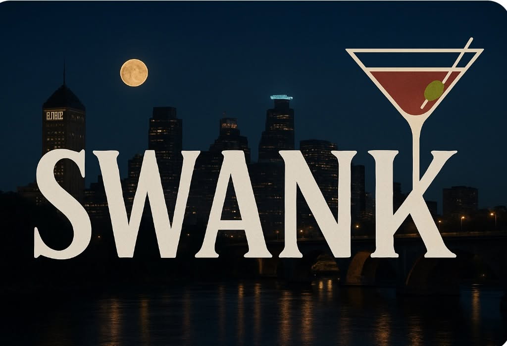 swank logo - MBI Arts Logo reading SWANK with a martini glass and olive on a dark city skyline backdrop, branding a nightlife image.