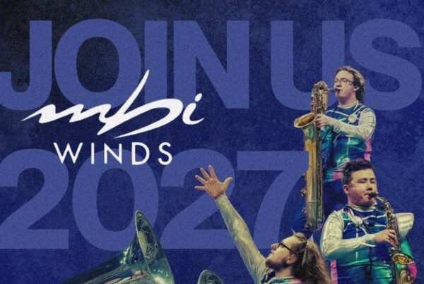 Poster advertising Winds 2027 with a marching band in teal outfits playing brass instruments against a blue background; large 'JOIN US WINDS 2027' text dominates the image.