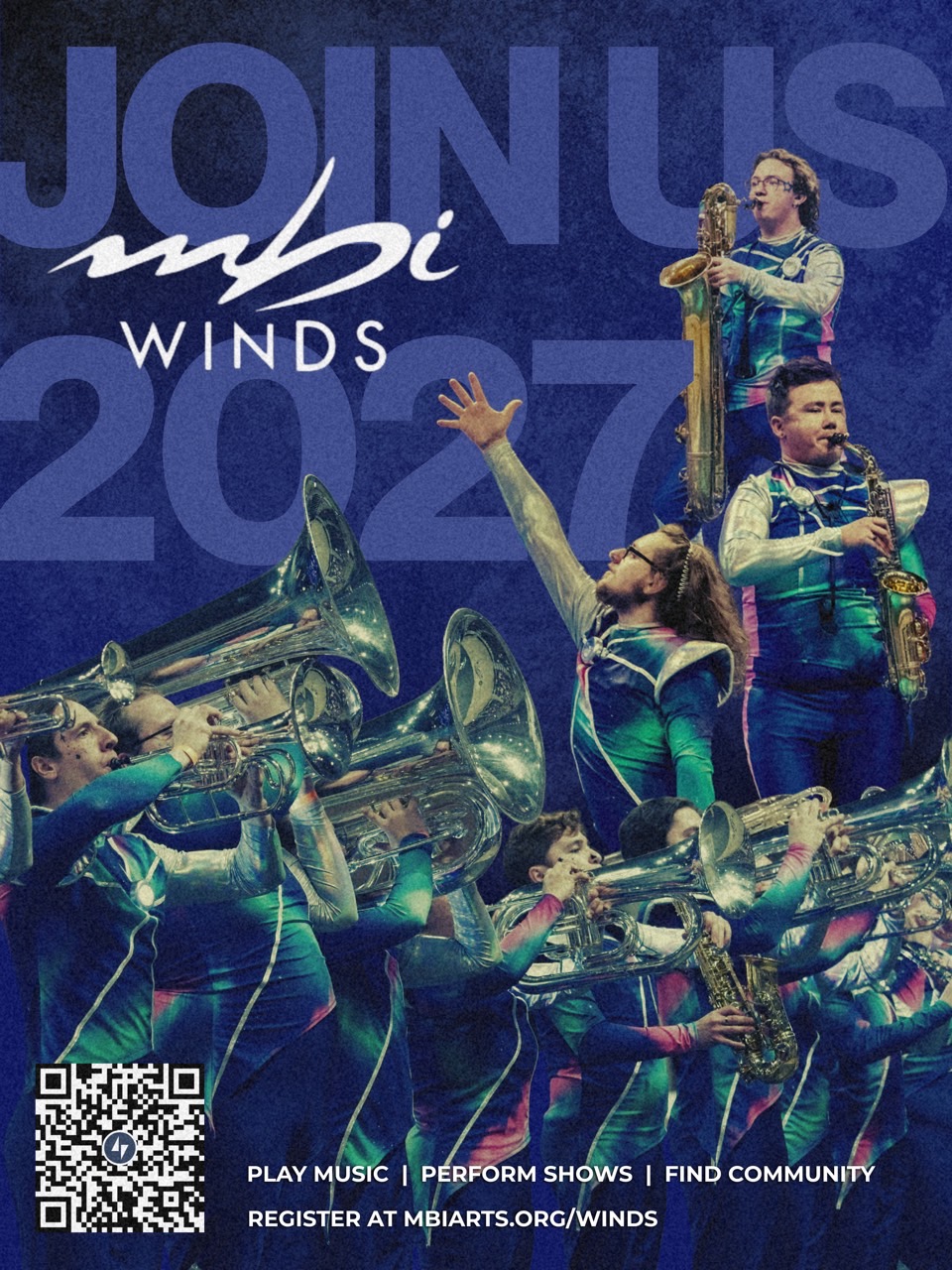 Poster advertising Winds 2027 with a marching band in teal outfits playing brass instruments against a blue background; large 'JOIN US WINDS 2027' text dominates the image.