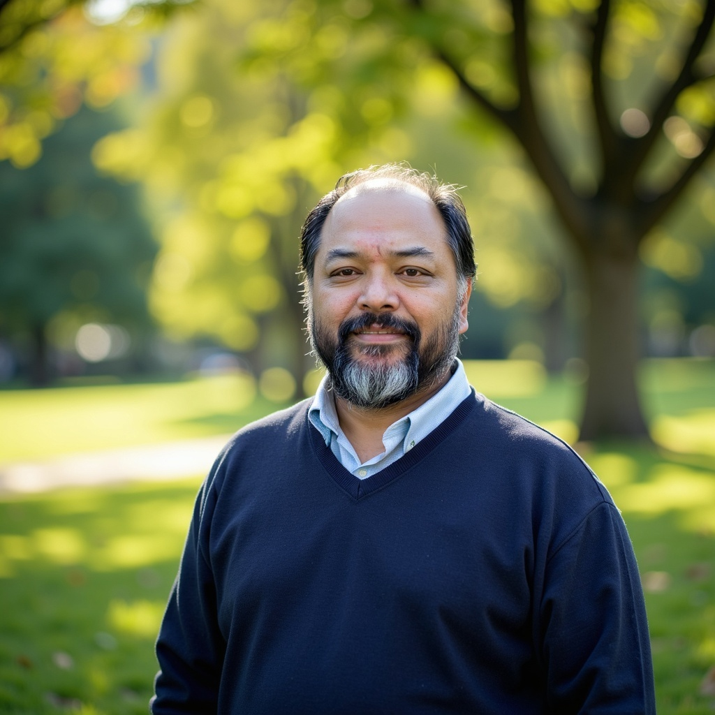 Headshot casual - MBI Arts Portrait of a man with a beard standing in a sunny park with trees in the background (outdoor headshot).